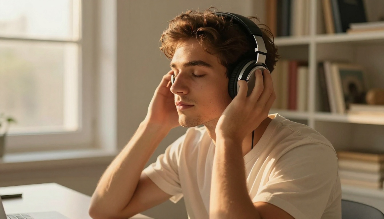 Young man wearing headphones enjoying audio playback at clean minimal desk