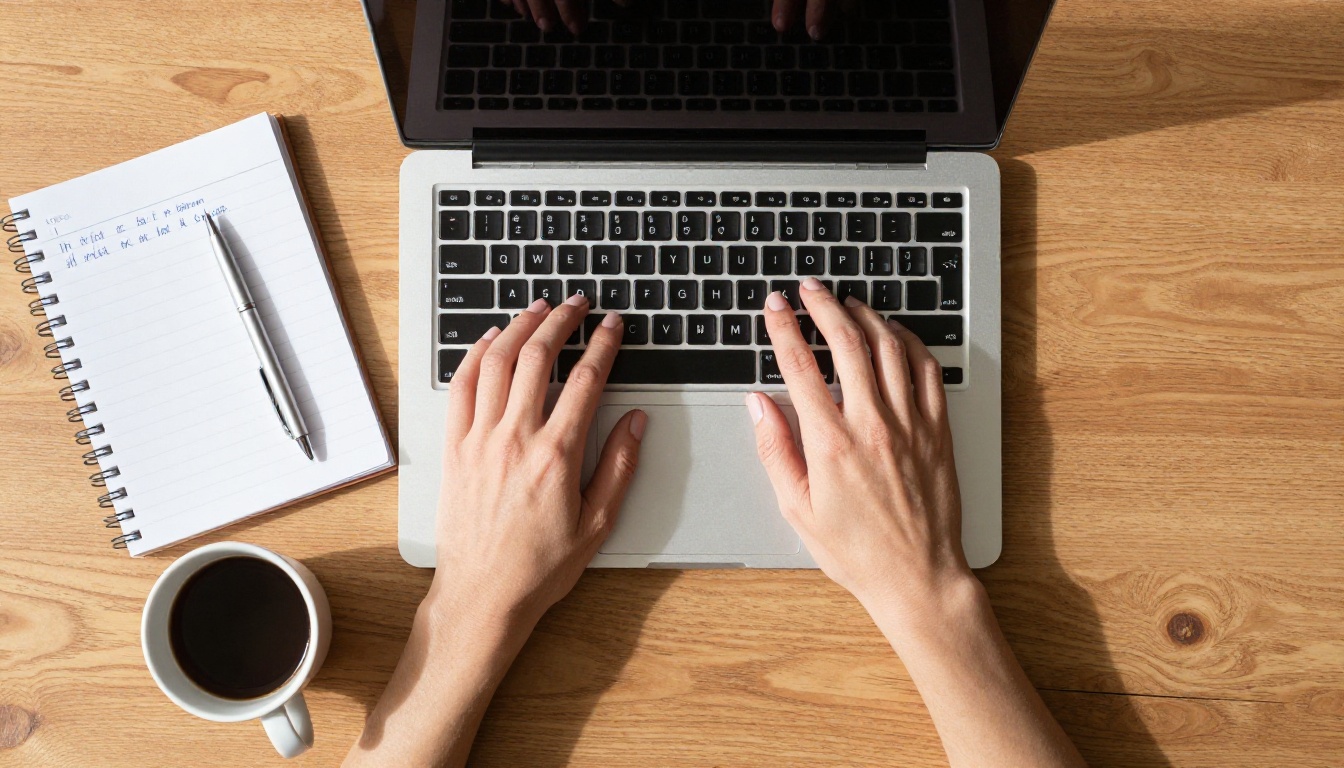 Aerial flat-lay of hands typing on laptop with notebook and pen beside it on wooden desk