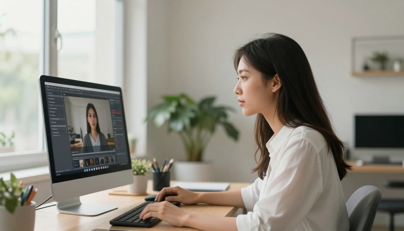 Young professional woman at home office desk looking at AI video creation interface