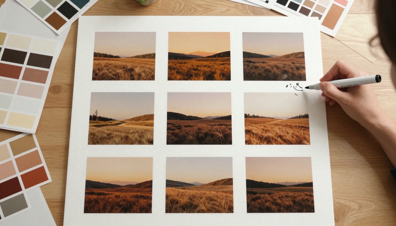 Overhead view of consistent brand aesthetic with AI-generated prints arranged in curated grid Overhead view of consistent brand aesthetic with AI-generated prints arranged in curated grid