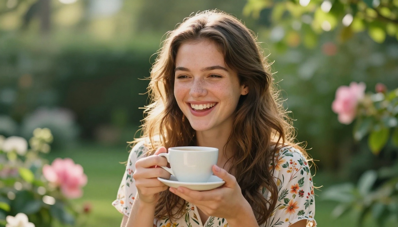Beautiful young woman laughing naturally in sun-drenched garden holding white coffee cup Beautiful young woman laughing naturally in sun-drenched garden holding white coffee cup