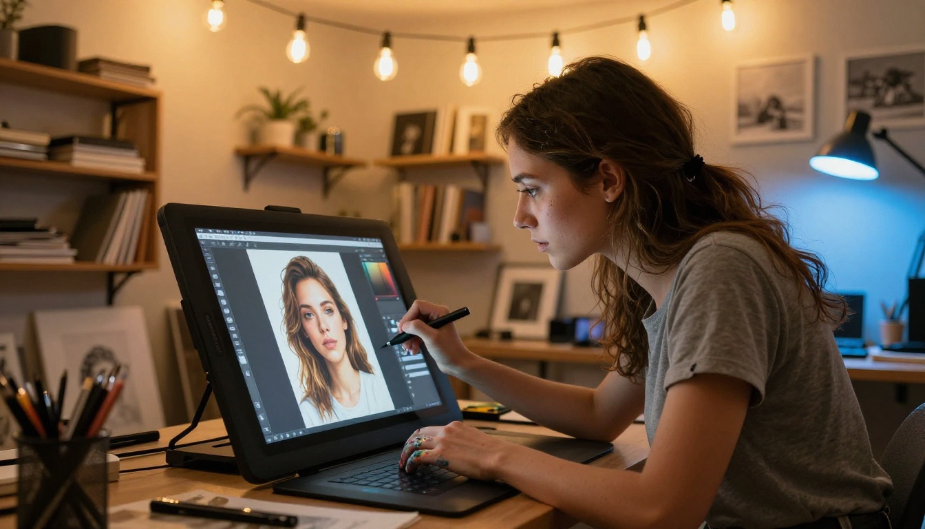 Creative artist fine-tuning AI-generated portrait on Wacom tablet in warm studio light Creative artist fine-tuning AI-generated portrait on Wacom tablet in warm studio light