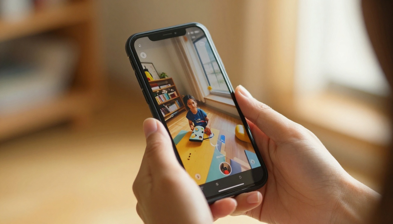 Woman holding smartphone vertically showing colorful video content on screen Woman holding smartphone vertically showing colorful video content on screen