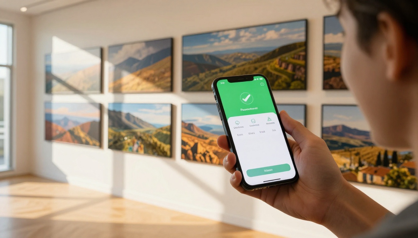 Person receiving payment notification on smartphone standing in front of AI art gallery prints Person receiving payment notification on smartphone standing in front of AI art gallery prints