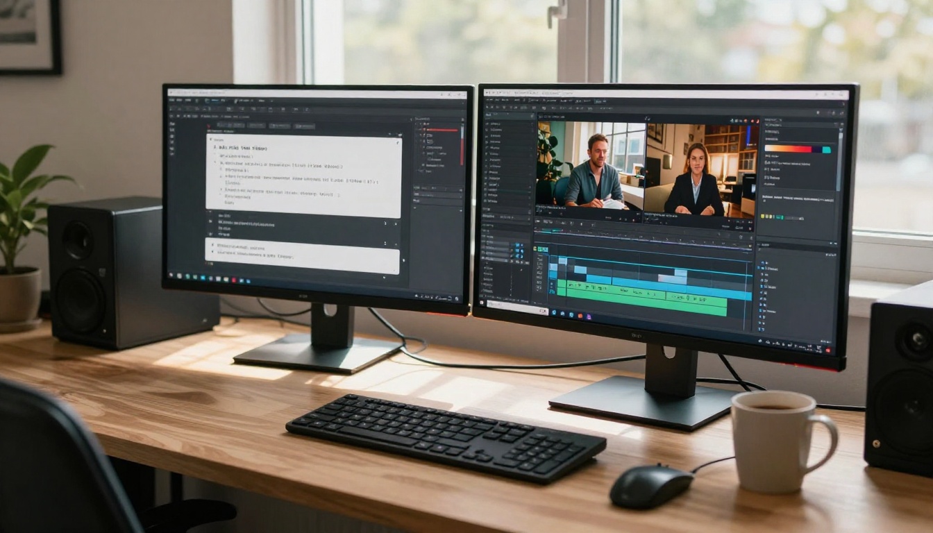 Side view of creative dual-monitor workspace with AI interface and video editing software Side view of creative dual-monitor workspace with AI interface and video editing software
