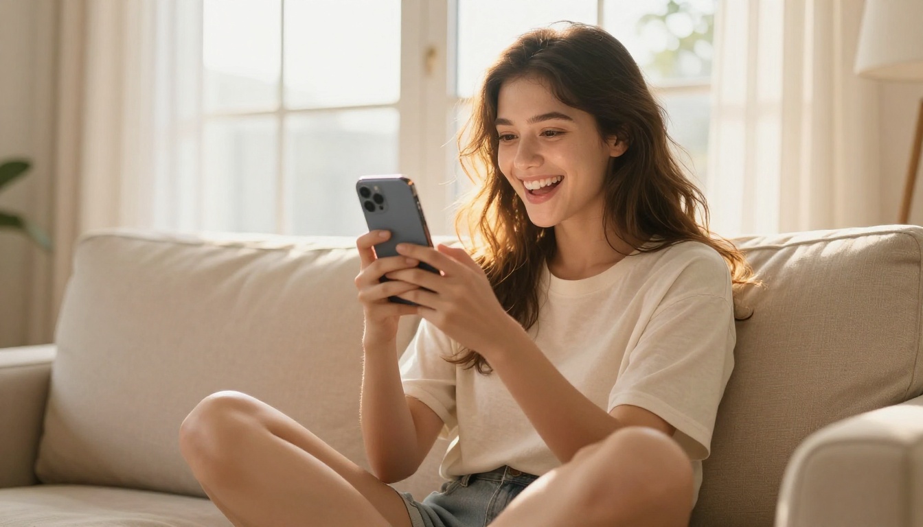 Joyful young woman holding smartphone triumphantly on bright sofa with golden rim light Joyful young woman holding smartphone triumphantly on bright sofa with golden rim light
