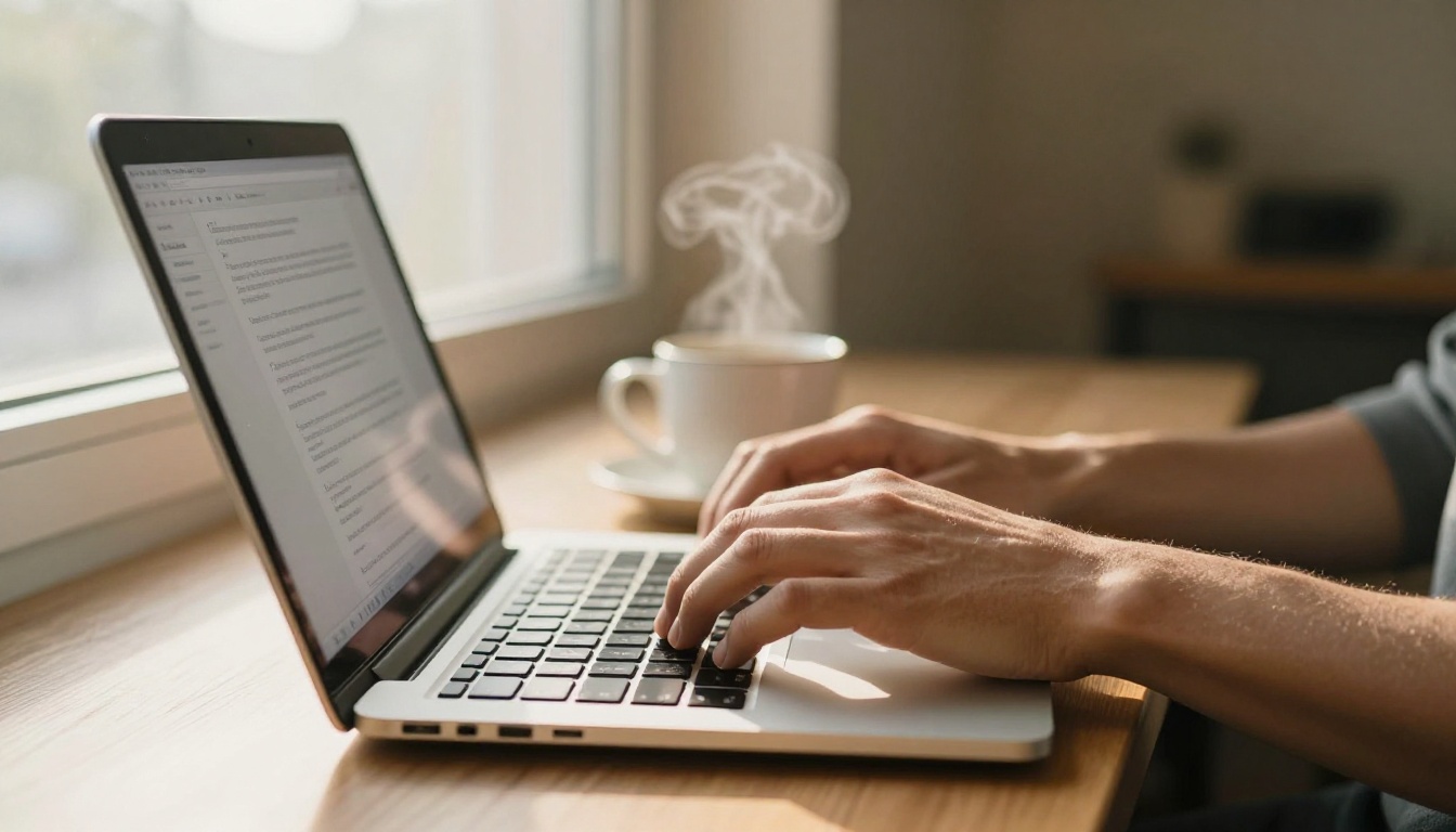 Hands typing a detailed text prompt into an AI image generation interface on a laptop