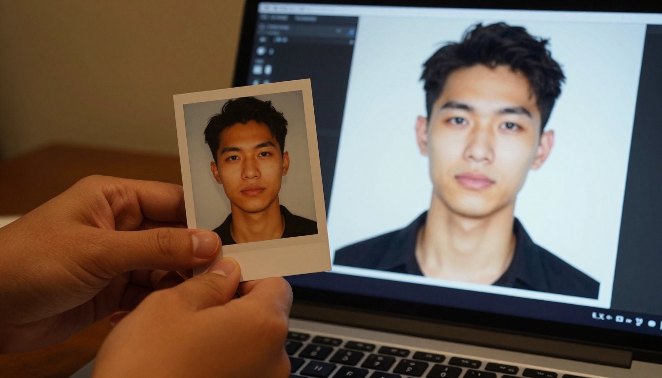 Reference image workflow: printed portrait held beside laptop screen showing AI-generated version