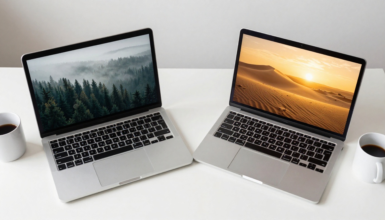 Side-by-side laptops showing different AI-generated landscape outputs on both screens