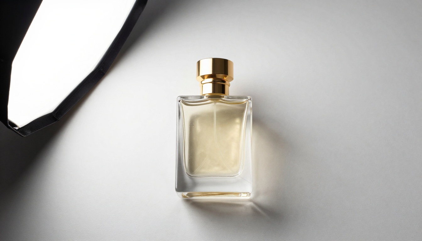 Overhead product photography setup: glass perfume bottle on white marble with studio softbox lighting