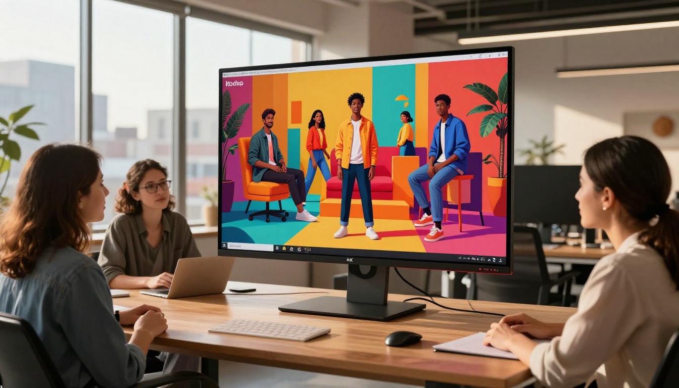 Creative agency workspace with wall monitor showing vibrant AI-generated marketing imagery