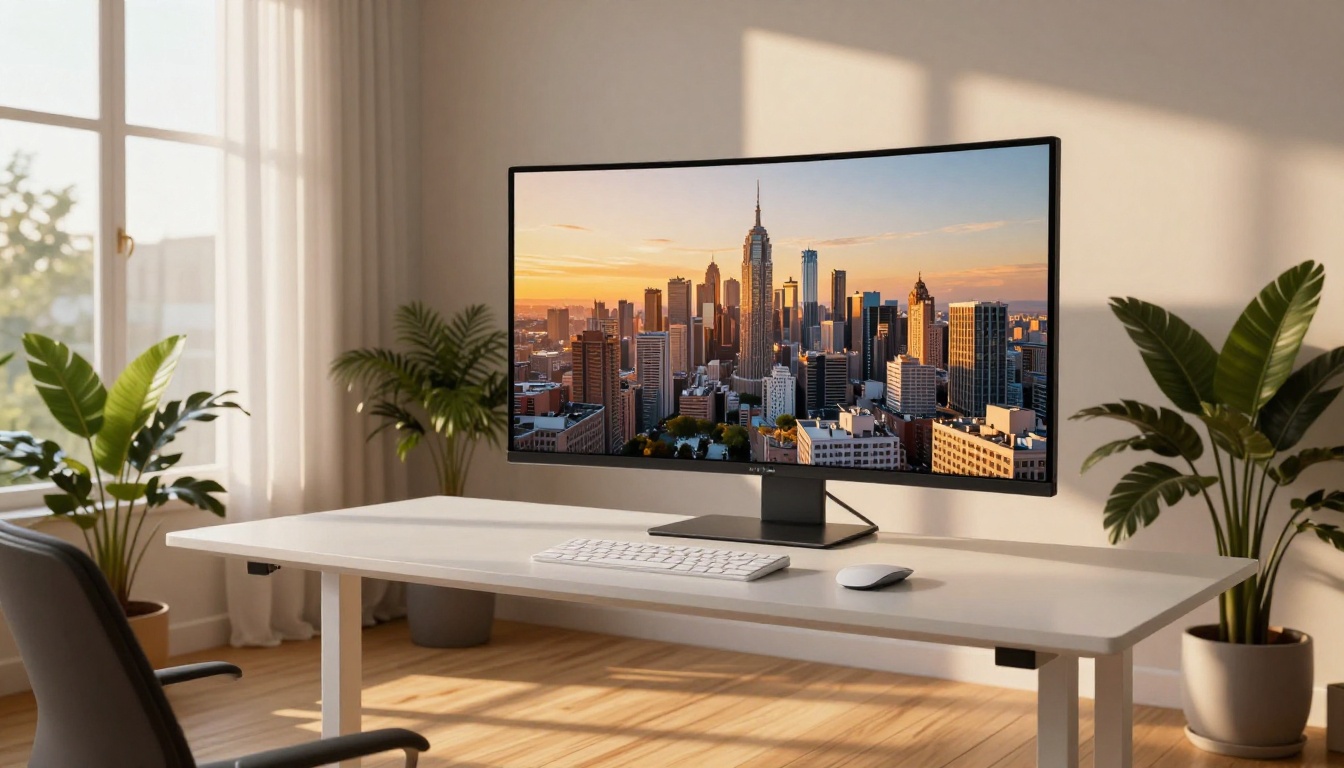 Modern studio workspace with large monitor displaying a golden-hour AI-generated cityscape, tropical plants framing the scene