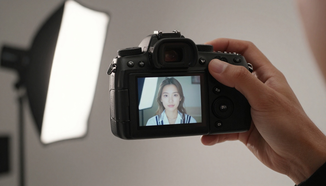 Photographer's hands holding DSLR camera displaying portrait photo on LCD screen in studio