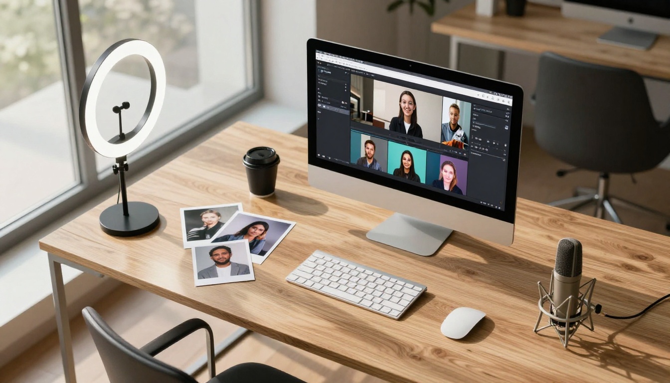 Aerial top-down view of content creator workspace with iMac showing vertical video software and ring light