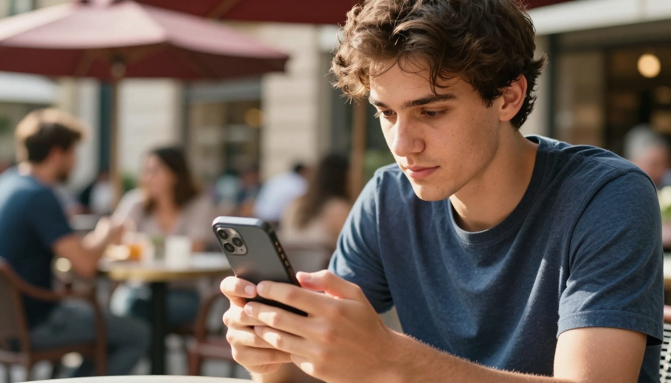 Young man scrolling through vertical video feed on smartphone at outdoor café in warm afternoon sunlight