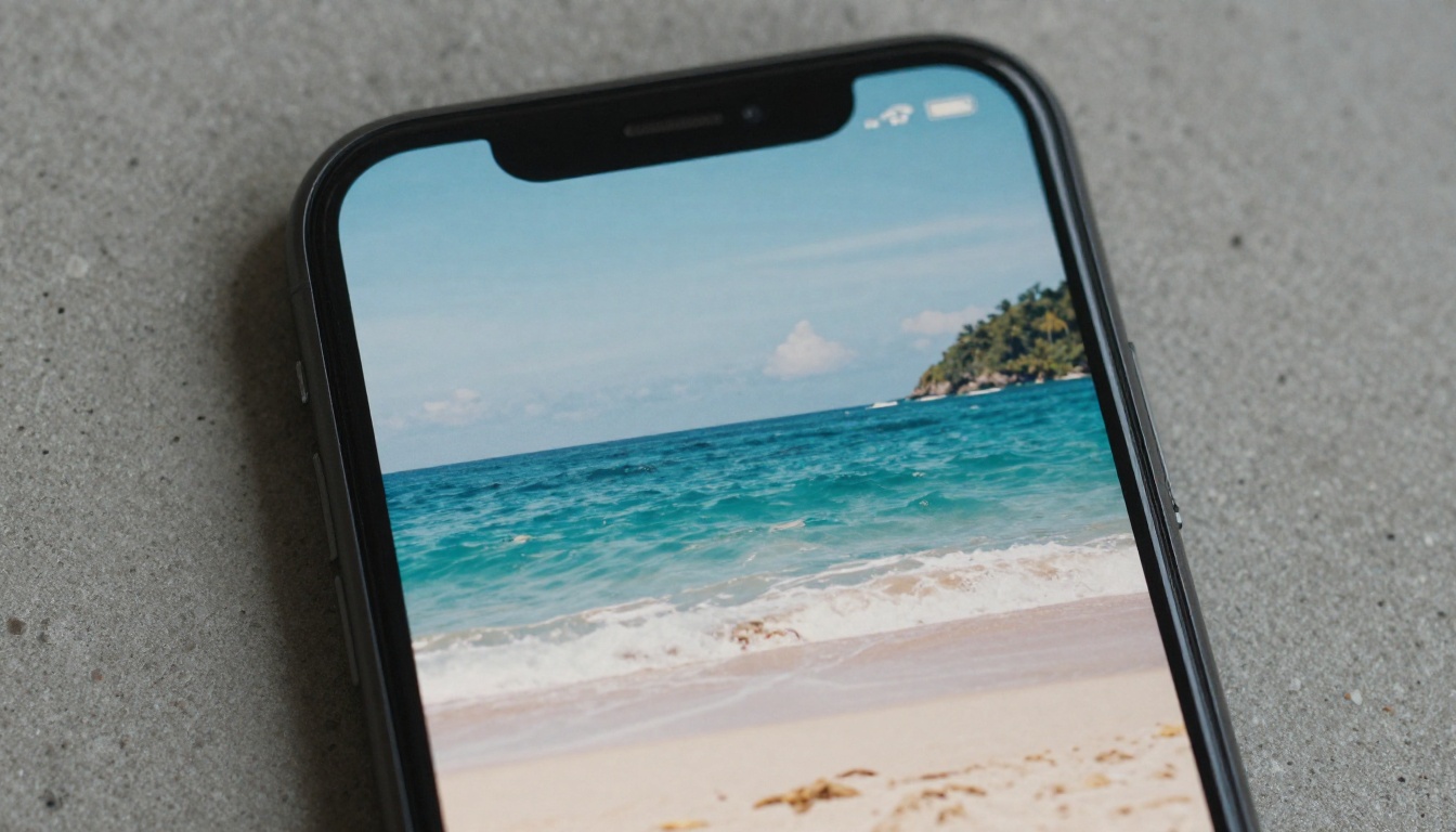 Close-up of smartphone screen showing AI-generated vertical video of tropical beach resting on concrete surface