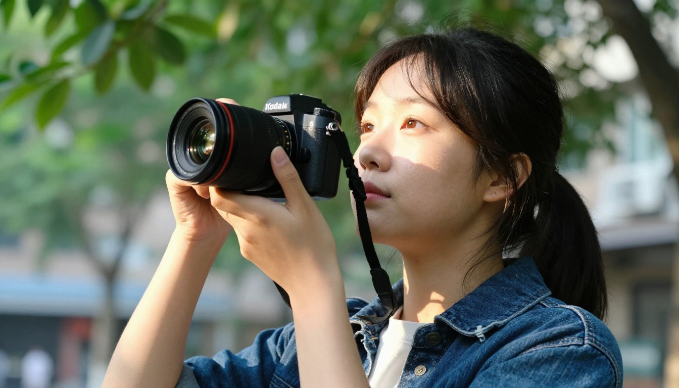 Female photographer framing portrait shot with mirrorless camera in sunlit urban park from low angle
