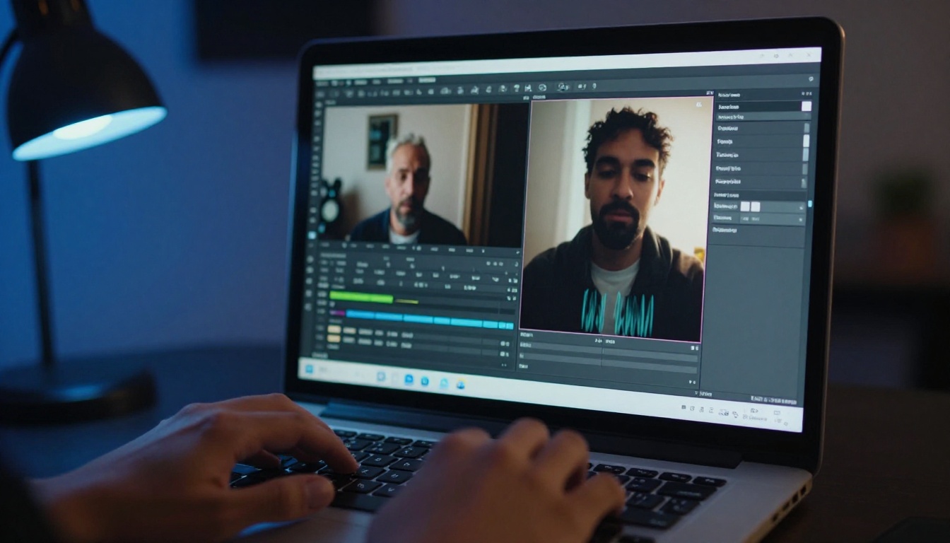 Laptop in dark home studio showing split-screen comparison of static photo versus animated video still