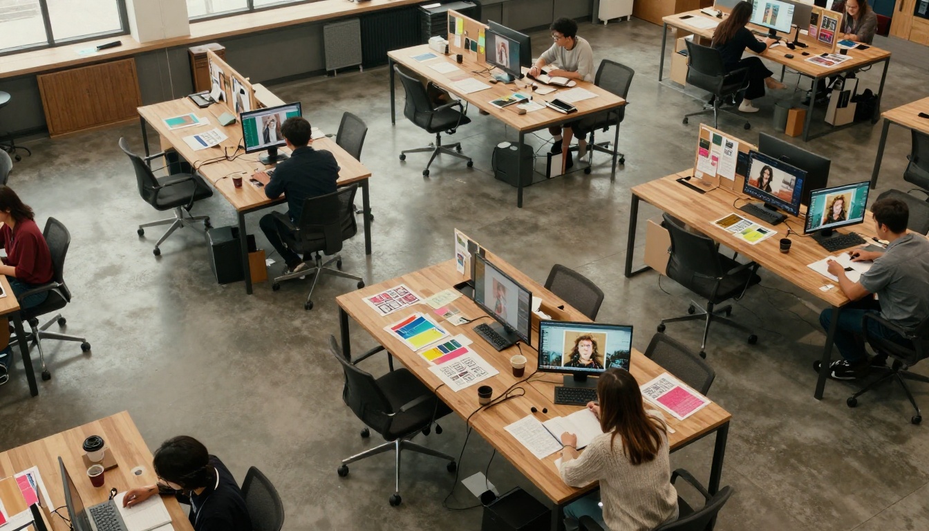 Aerial overhead view of designers working at open-plan agency desks with AI-generated images on screens