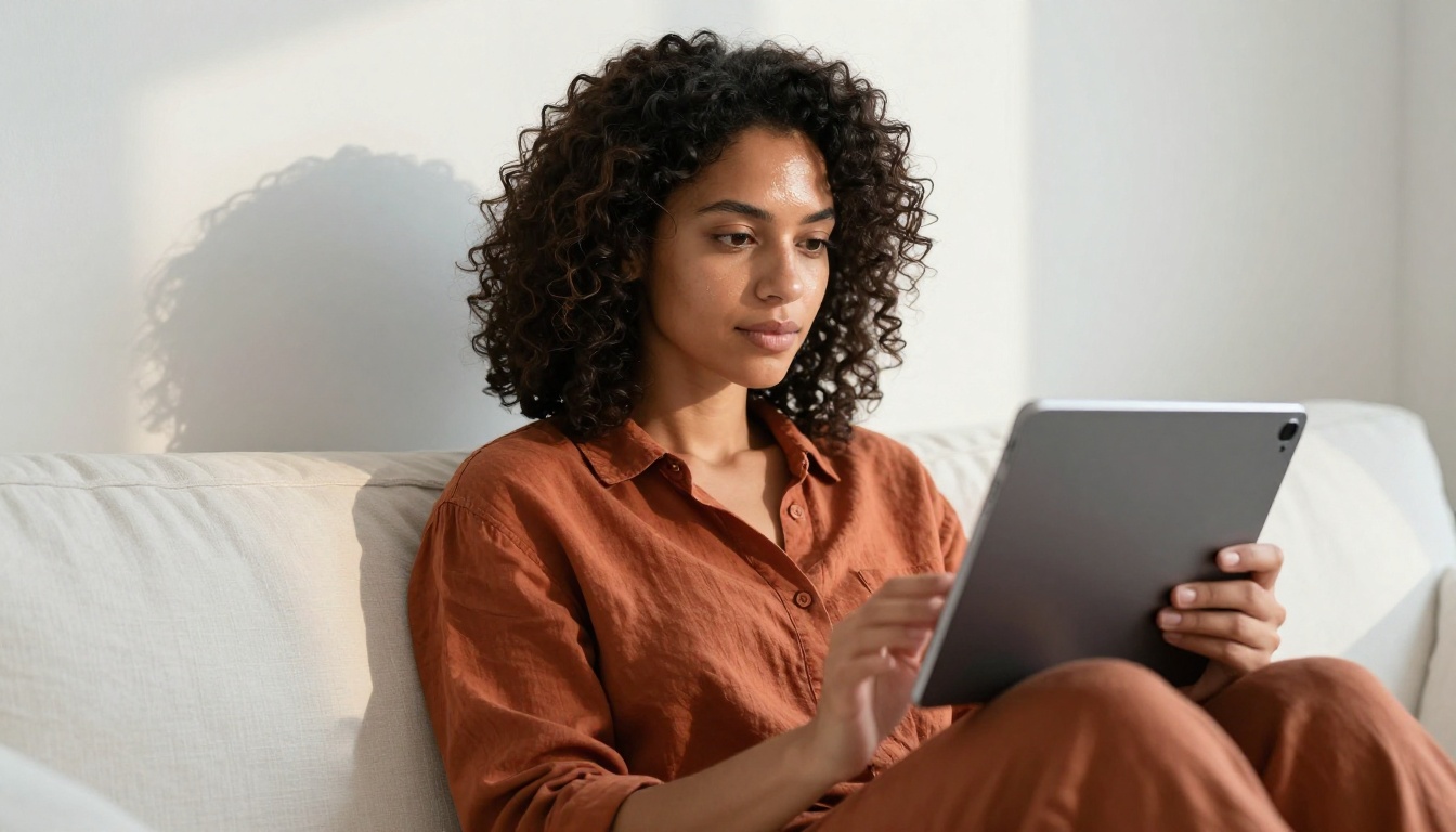 Woman with natural curly hair using tablet on white linen sofa creating vertical video content