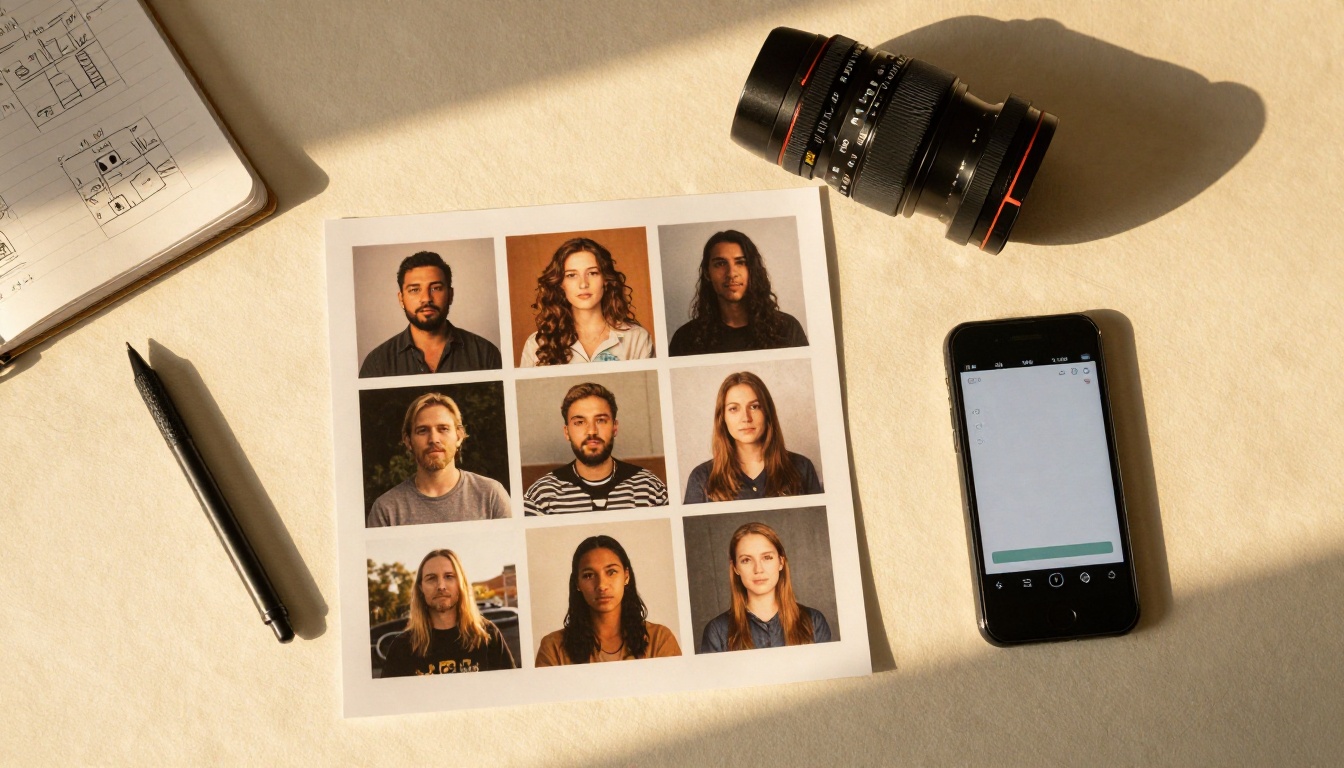 Bird's eye view of creator desk with printed contact sheets, storyboard notebook, and vertical smartphone