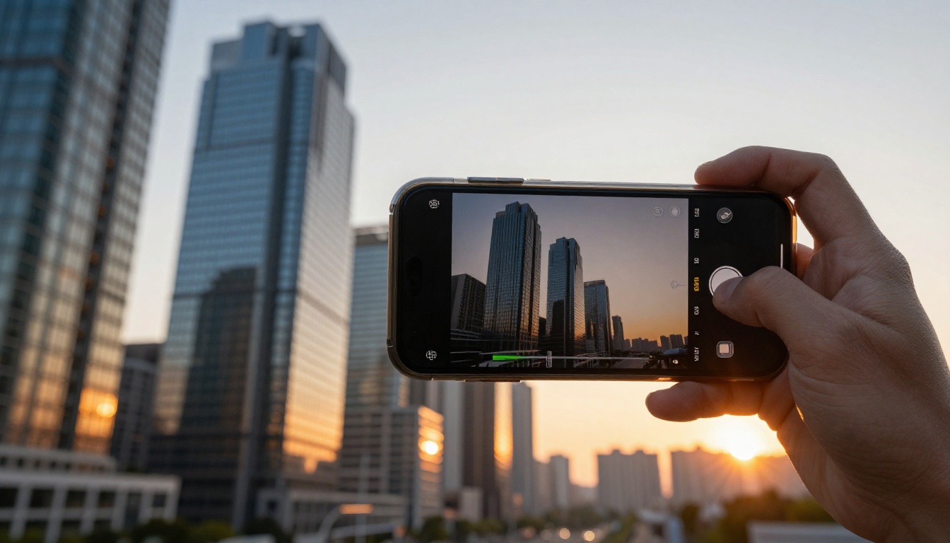 City skyline at golden hour through vertically held smartphone with AI video generation progress bar visible