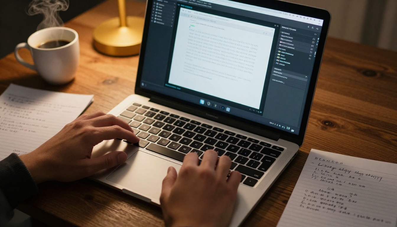 A filmmaker's hands working on a laptop with AI video generation interface and scattered prompt notes on a walnut desk A filmmaker's hands working on a laptop with AI video generation interface and scattered prompt notes on a walnut desk