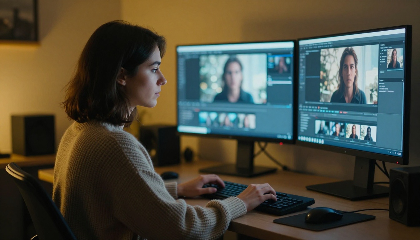 A woman video creator at monitors in a dim creative studio with cinematic AI-generated video frames on screen A woman video creator at monitors in a dim creative studio with cinematic AI-generated video frames on screen