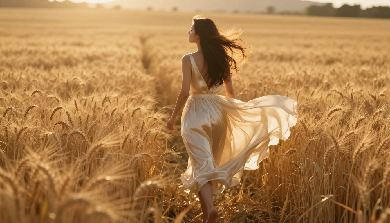 A woman in a flowing ivory dress walking through a golden wheat field at dusk with cinematic backlight and bokeh