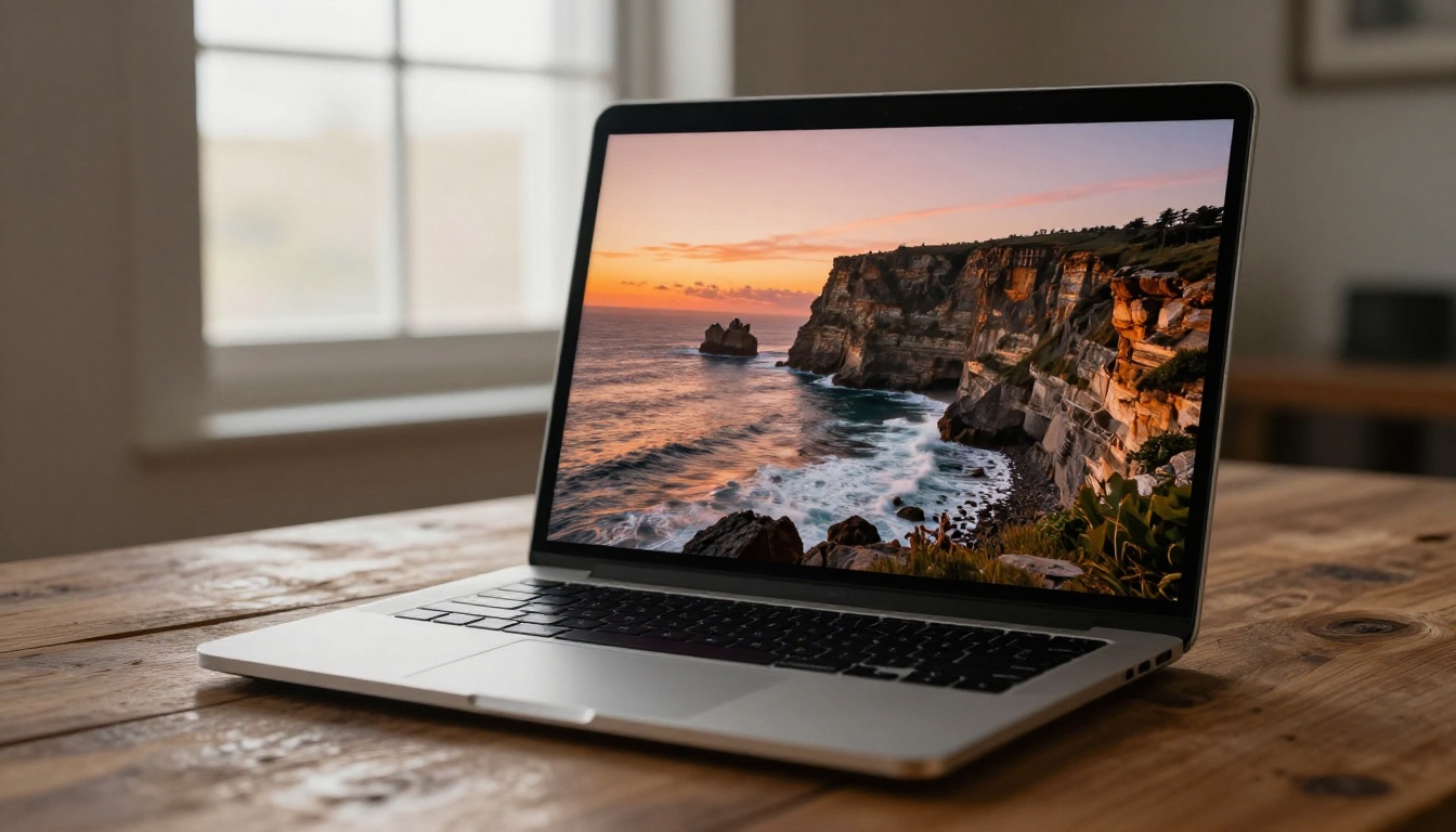 Laptop screen on rustic wooden table displaying AI-generated coastal landscape result