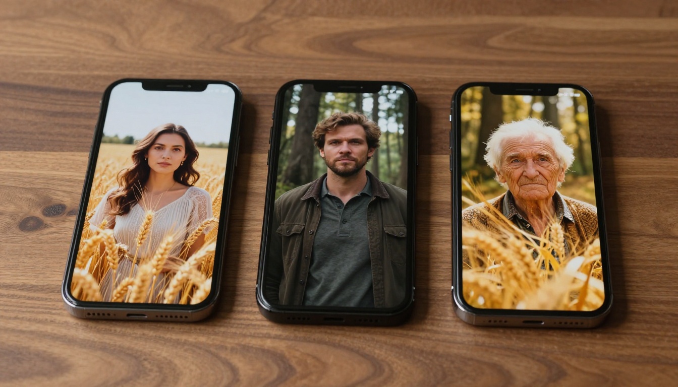 Three smartphones displaying different AI-generated portrait results side by side
