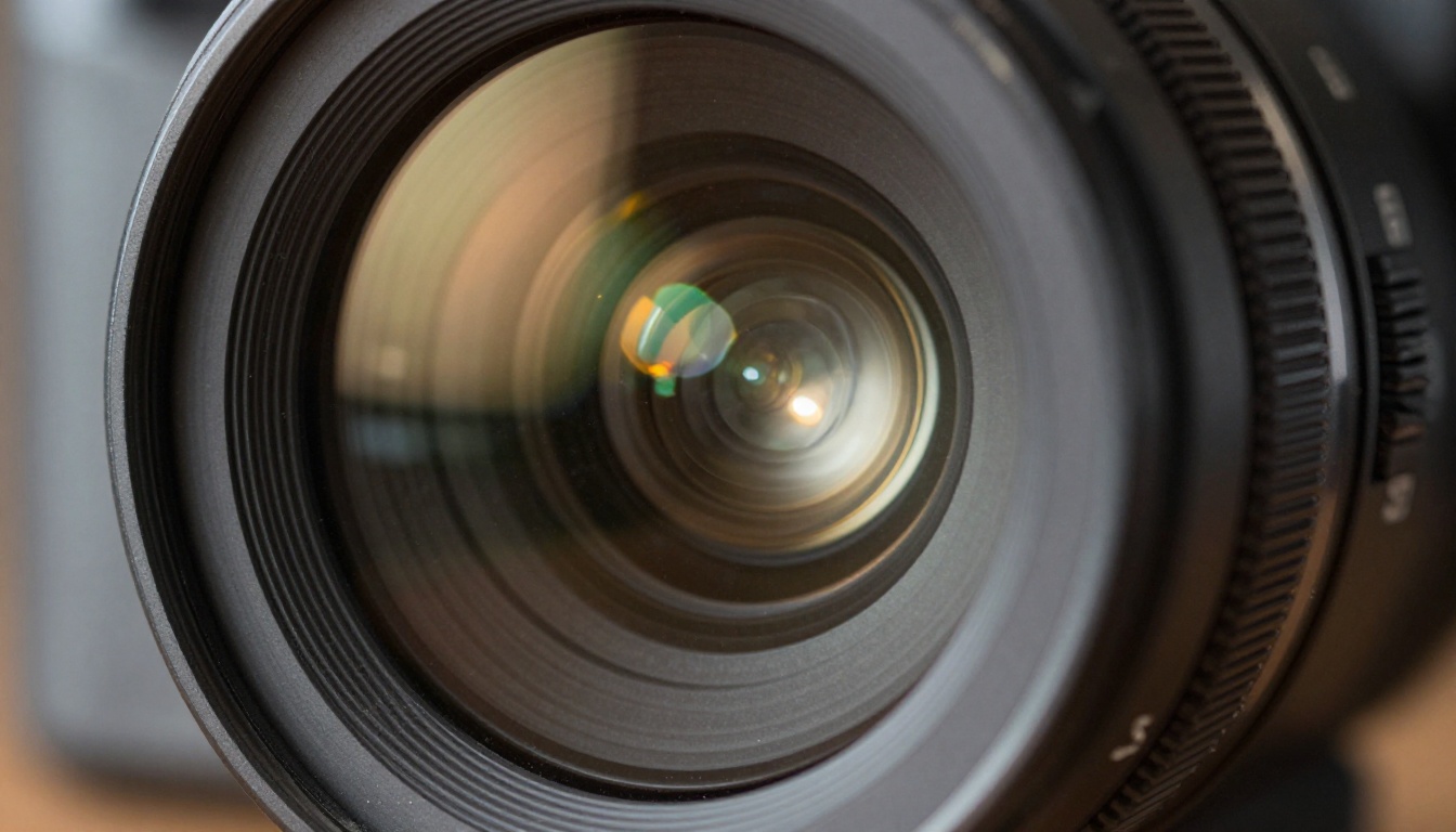 Extreme close-up of a cinema camera lens with complex internal reflections and precision metal barrel texture