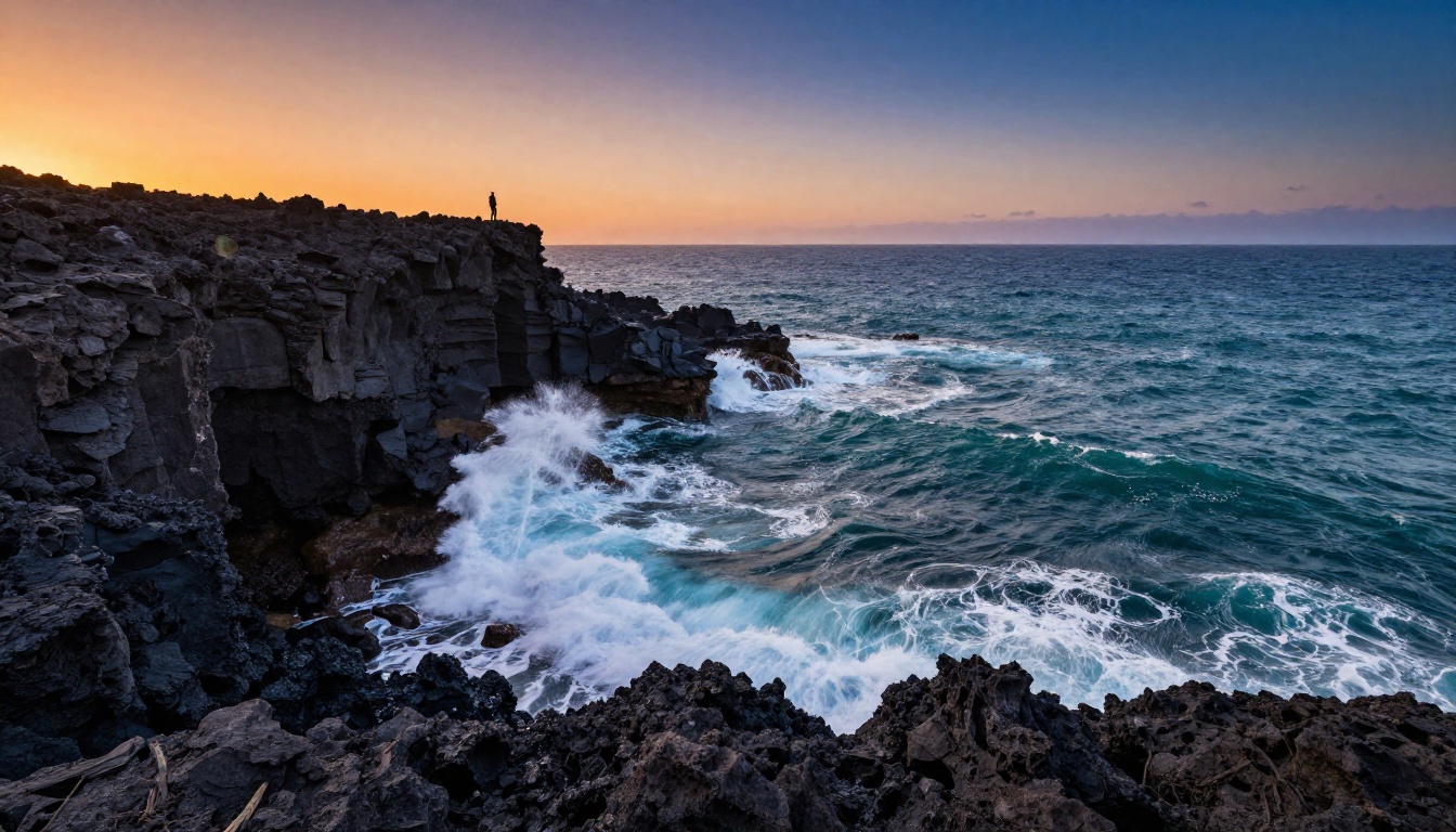 A lone figure standing at the edge of a dramatic coastal cliff at magic hour with turquoise ocean below and gradient sky A lone figure standing at the edge of a dramatic coastal cliff at magic hour with turquoise ocean below and gradient sky
