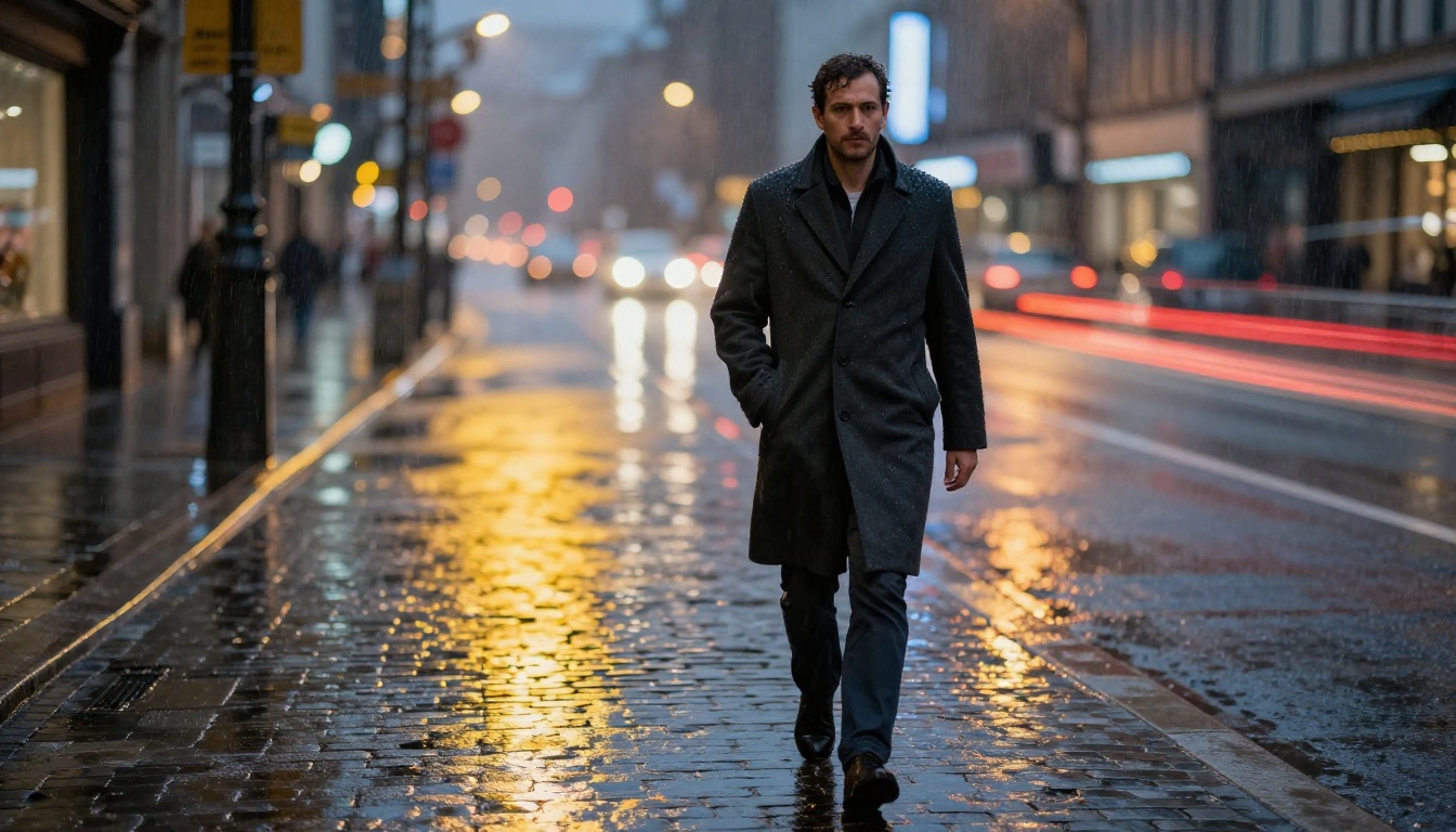 A man in a wool overcoat walking through rain-soaked city streets at night with motion blur and light reflections