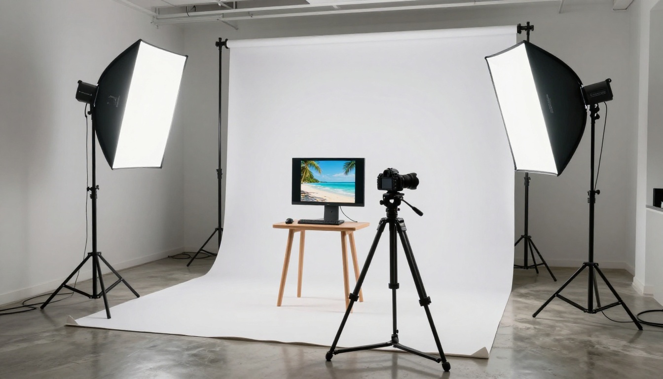 Wide shot of a professional photography studio with softboxes and DSLR on tripod