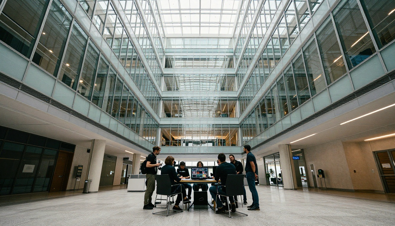 A video production team reviewing playback on a tablet in a modern glass office atrium with natural daylight flooding in A video production team reviewing playback on a tablet in a modern glass office atrium with natural daylight flooding in