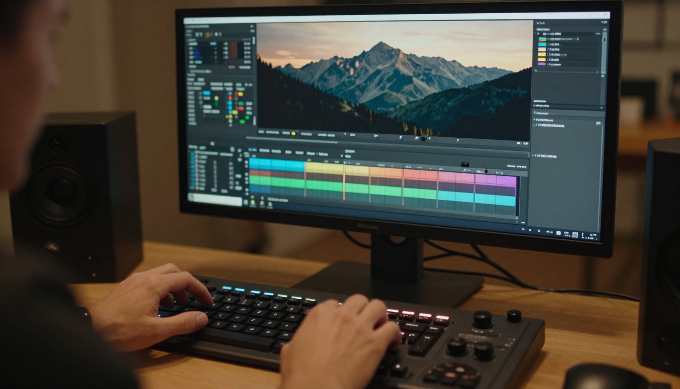 A focused video editor working at a professional color grading suite with warm bias lighting and DaVinci Resolve controls