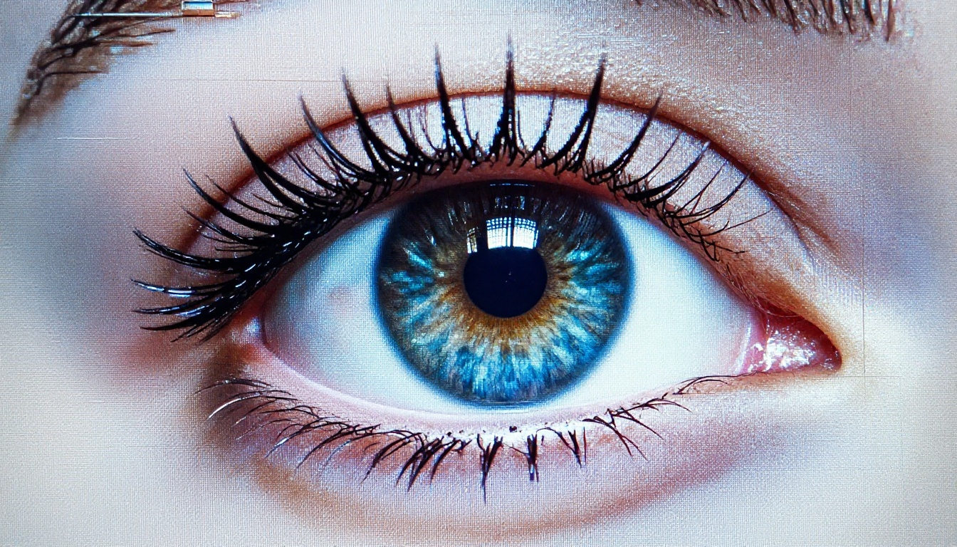 Extreme close-up macro of a computer screen pixel grid showing an AI-generated eye in stunning detail