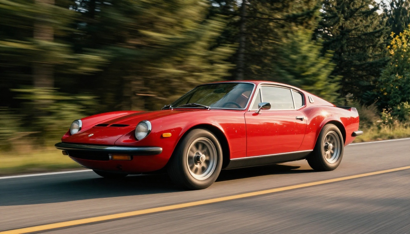 A vintage red sports car speeding along a winding mountain road at golden hour with motion blur and cinematic low-angle framing