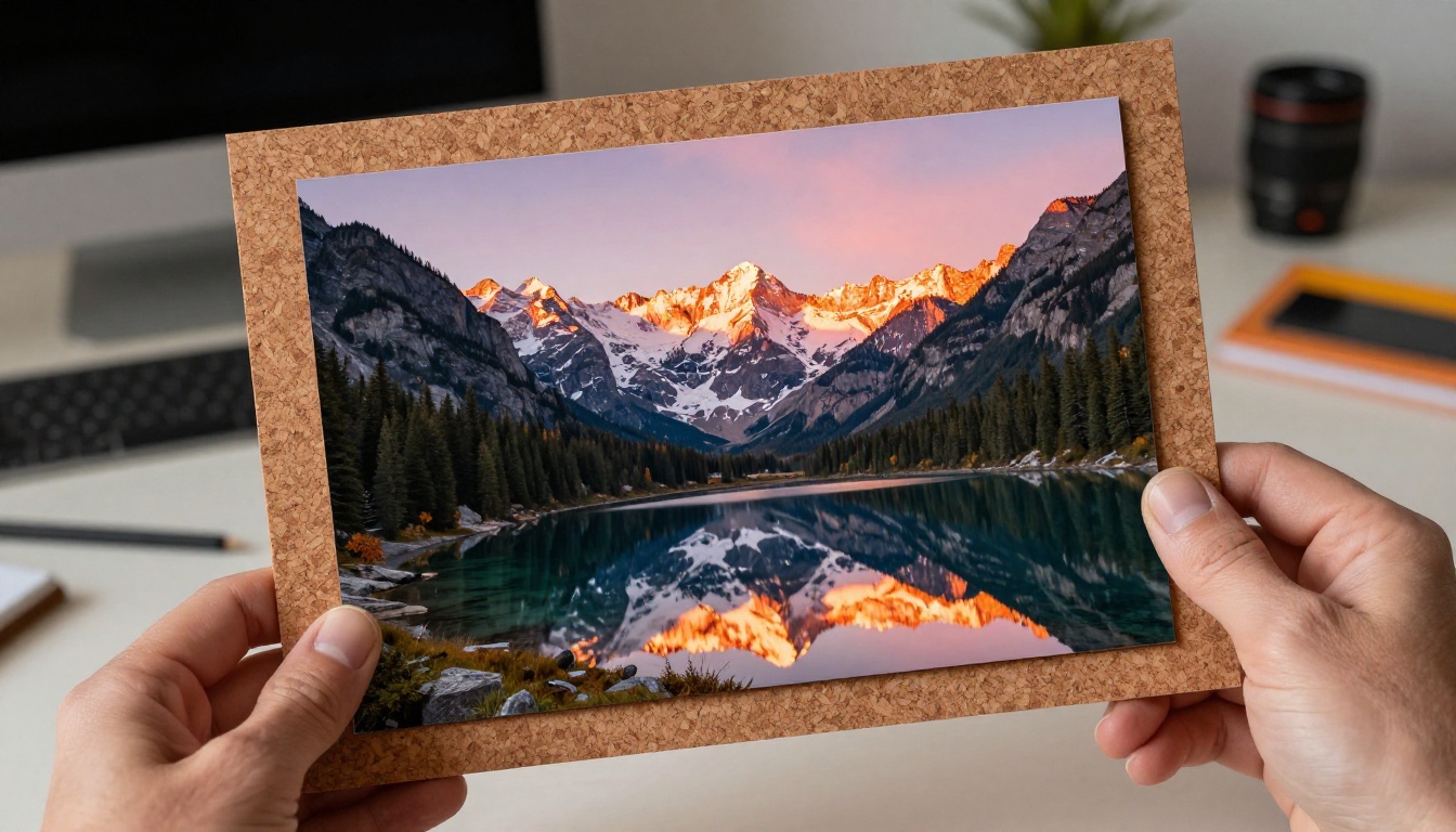Dramatic mountain valley landscape at sunrise appearing as a high-resolution printout on a corkboard