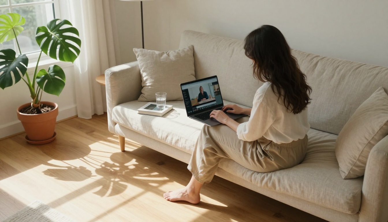 Woman relaxing with laptop accessing AI video tools freely