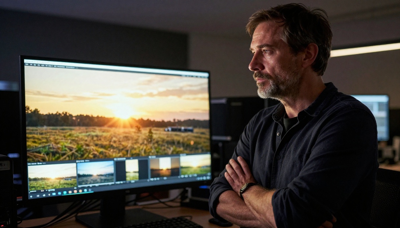 Professional film director reviewing AI video output on monitor