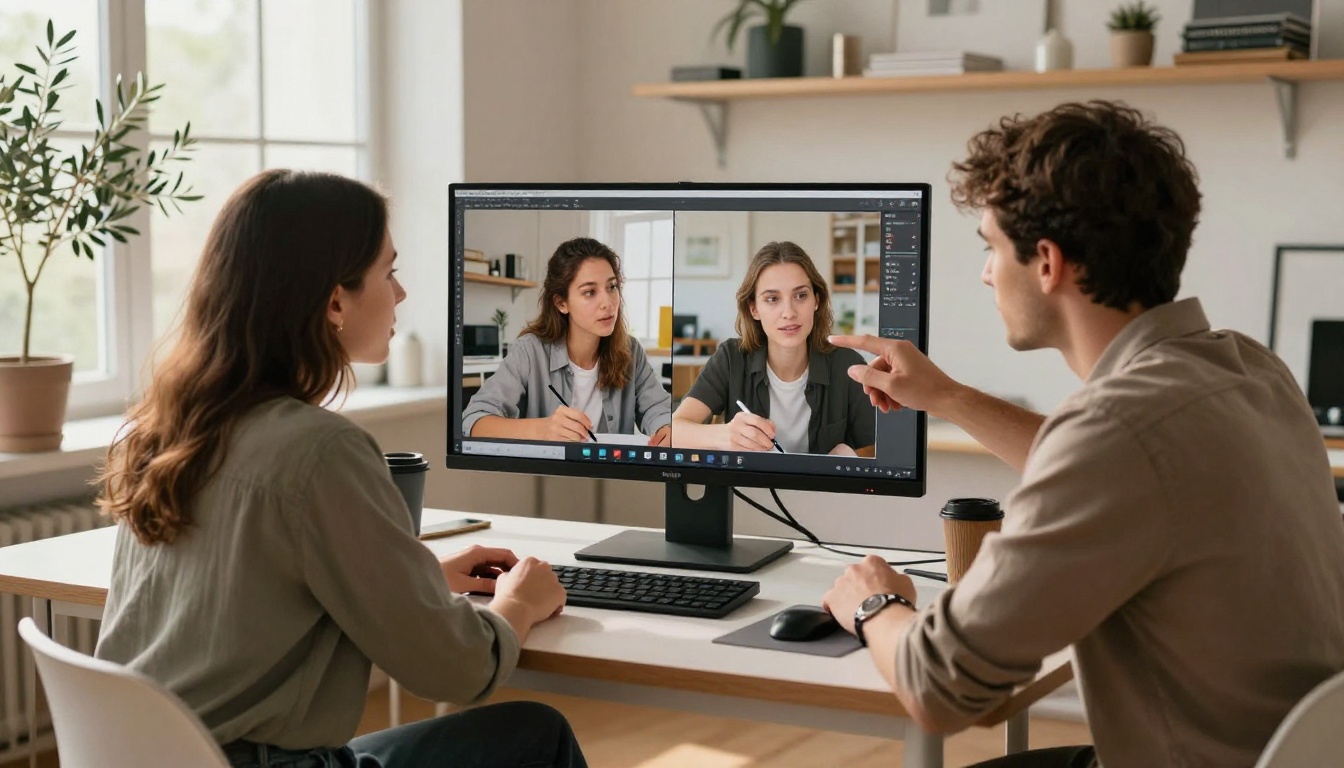 Two creative professionals comparing AI video outputs on monitor