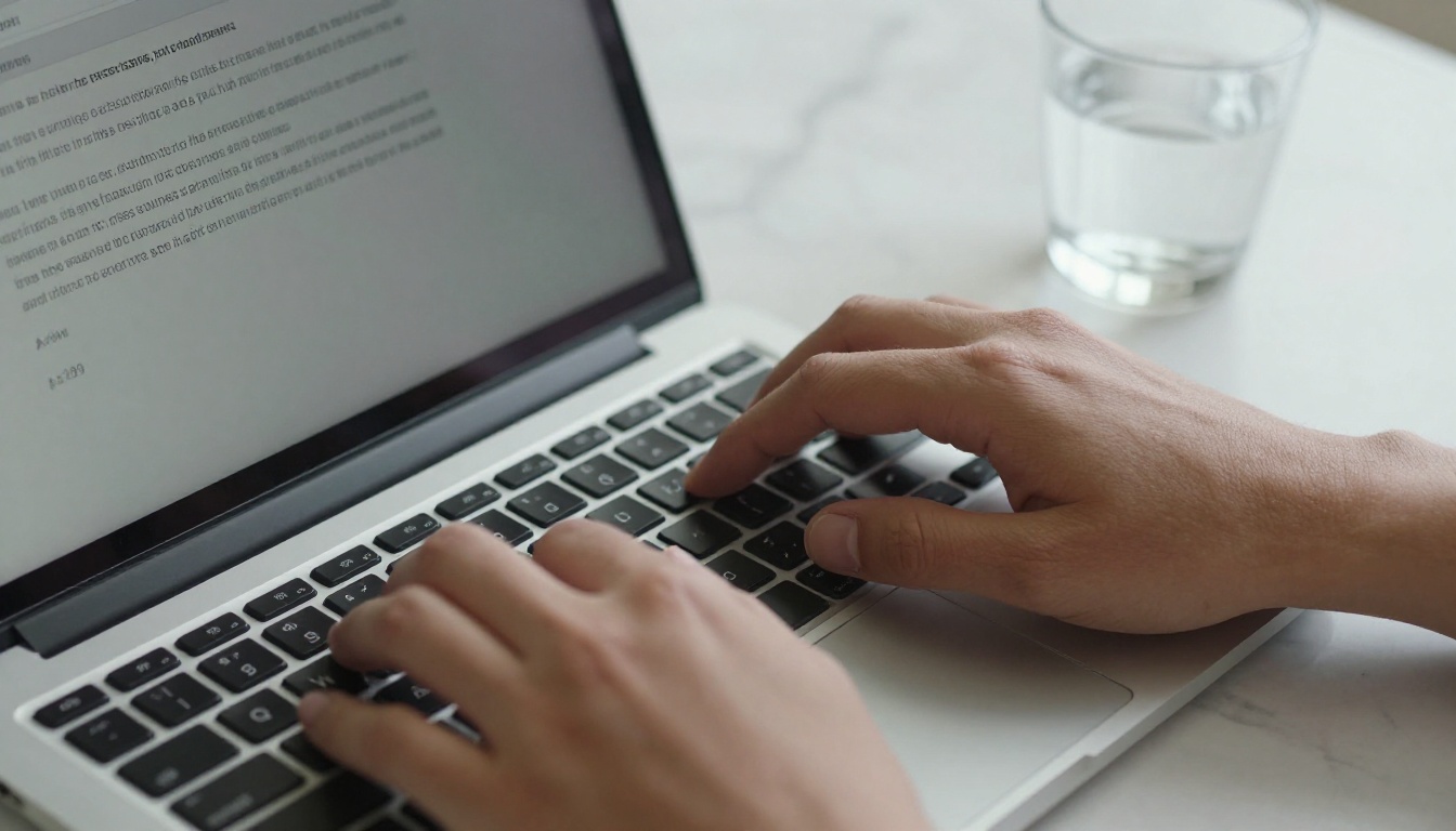Hands typing a video prompt on a laptop keyboard