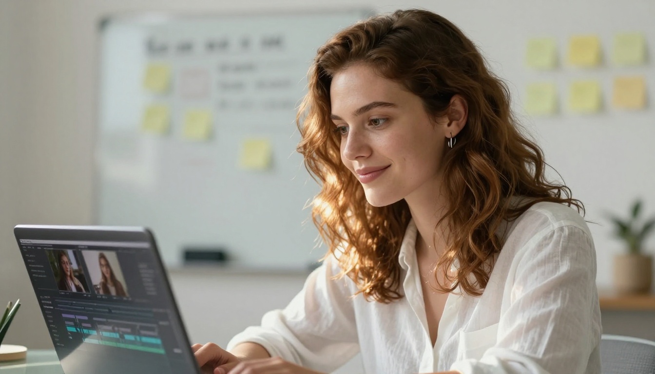 Woman content creator smiling at a video timeline on her laptop