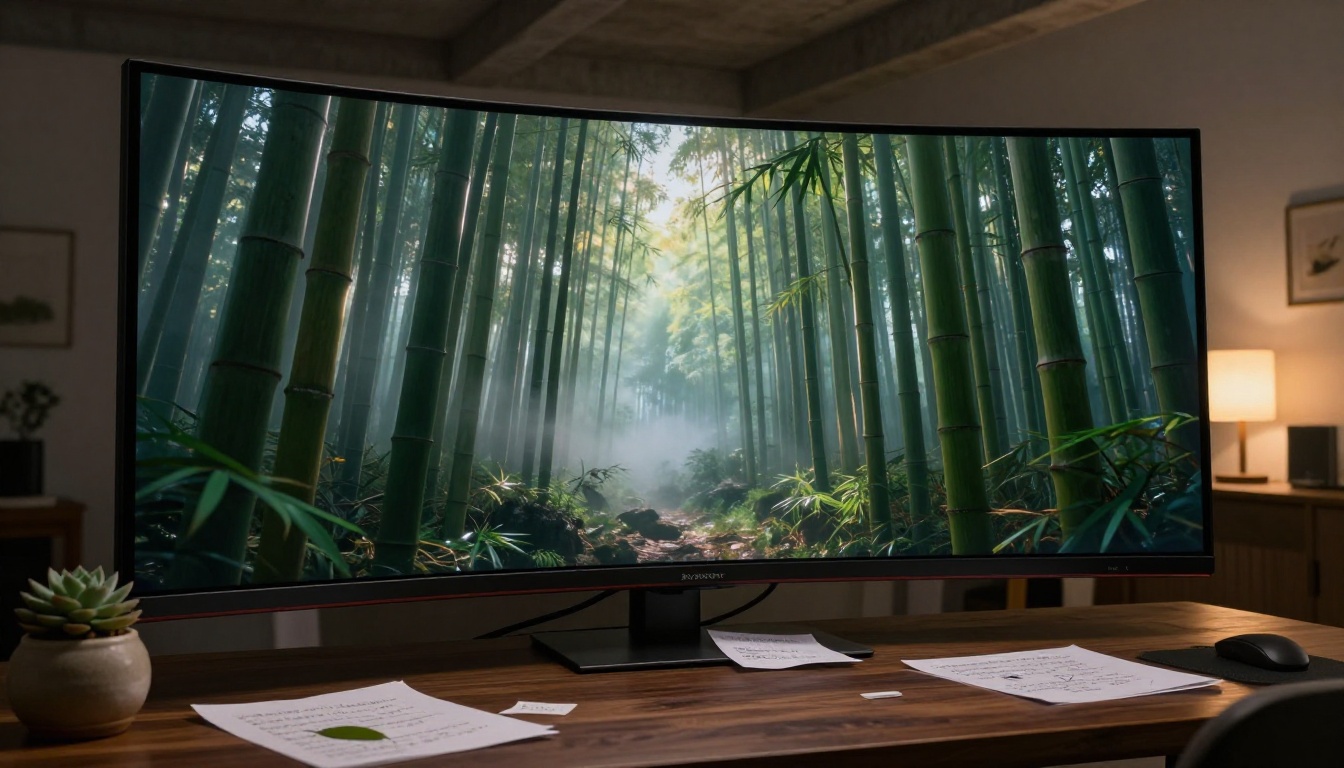 Filmmaker looking at a large curved monitor showing bamboo forest AI video