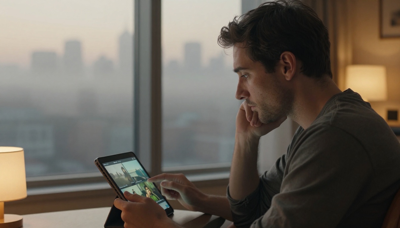 Man reviewing AI video clips on a tablet by a foggy city window