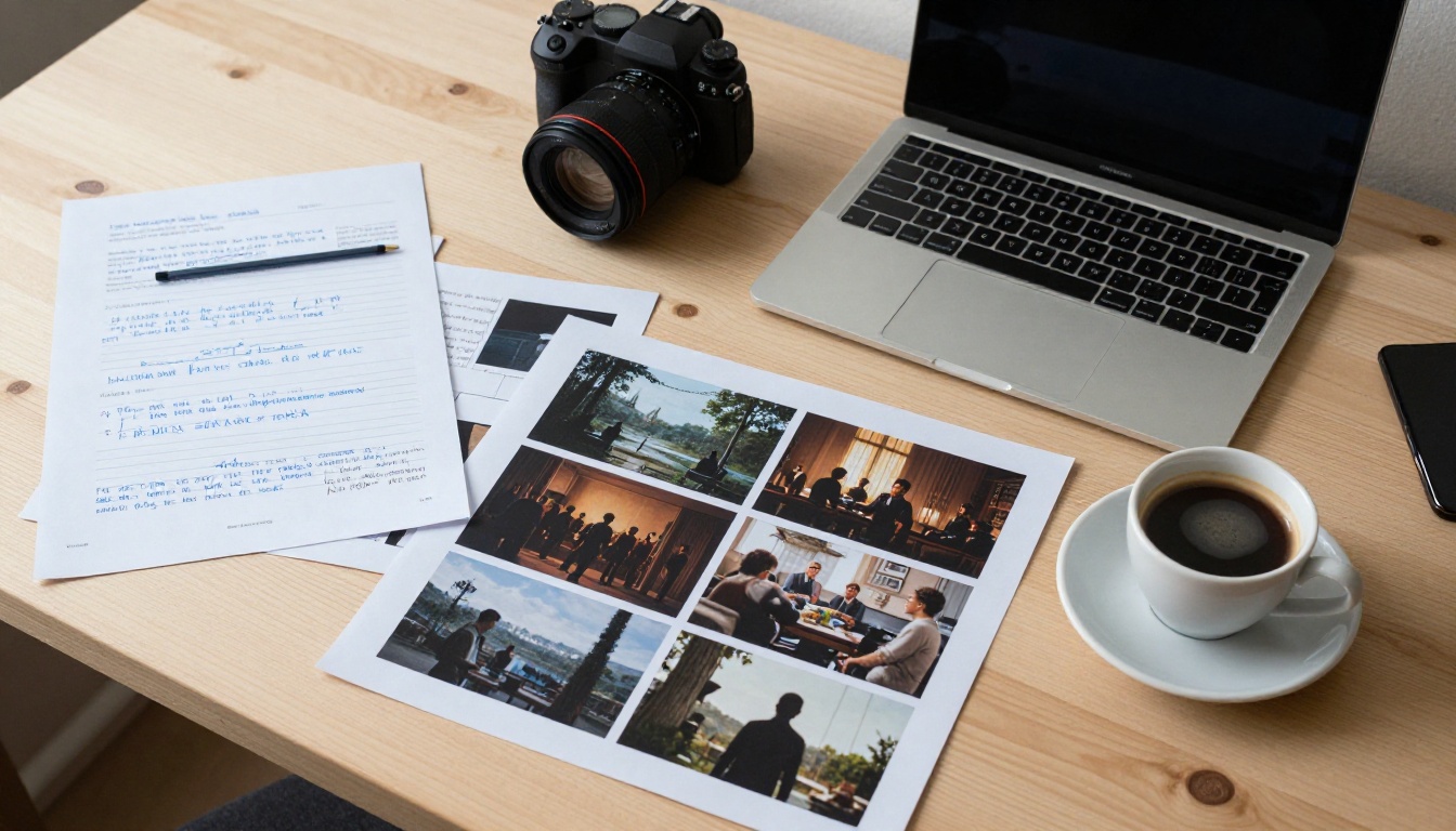 Overhead storyboard flat-lay with film script and camera lens
