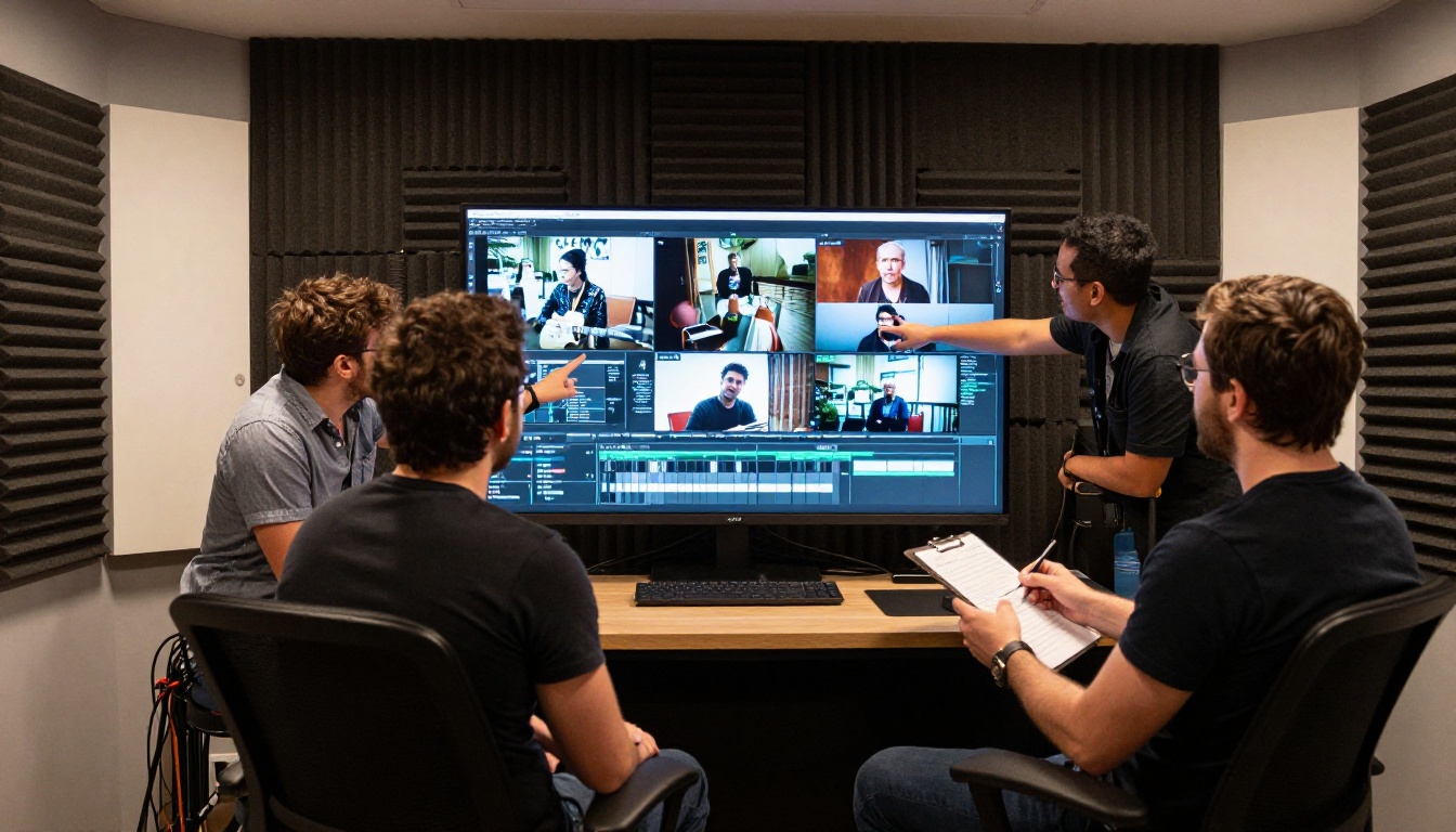 Video production team collaborating around monitors showing AI-generated clips