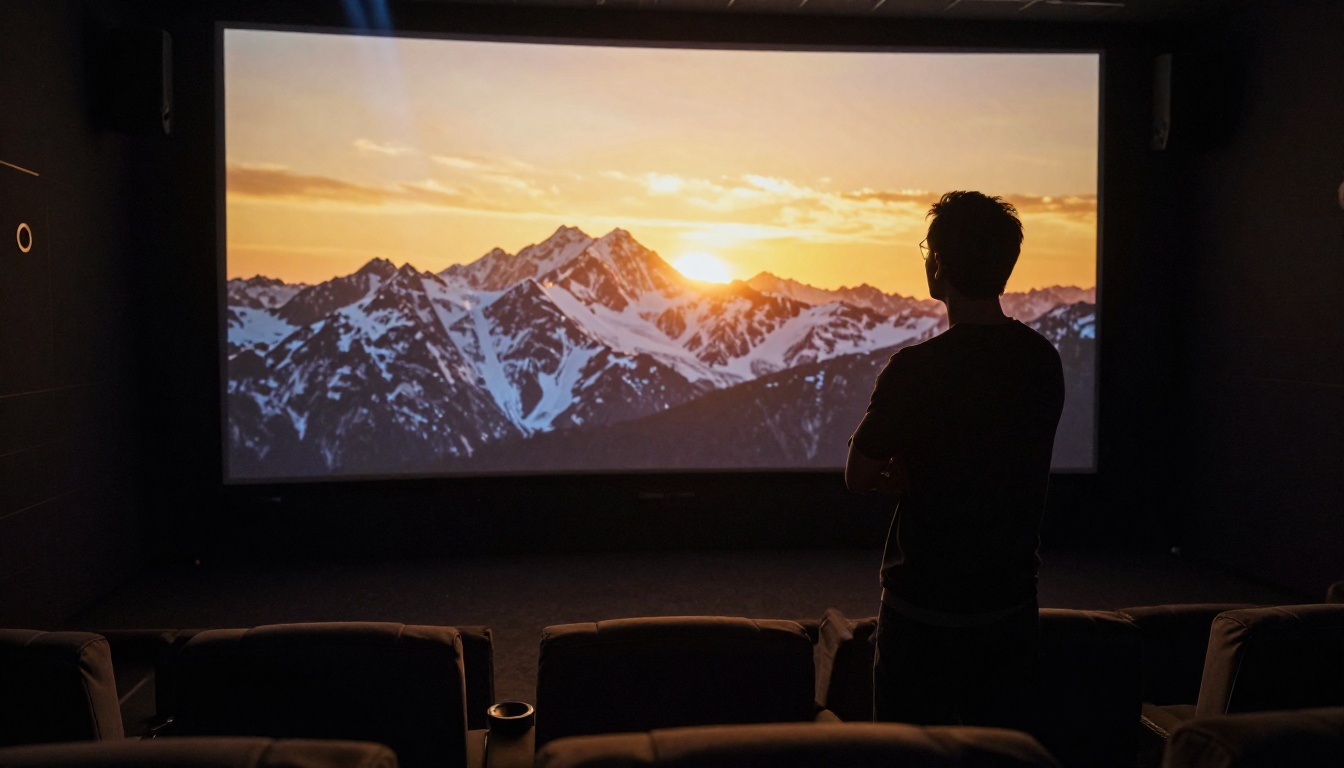 Filmmaker watching AI-generated video on a large projection screen in a dark theater